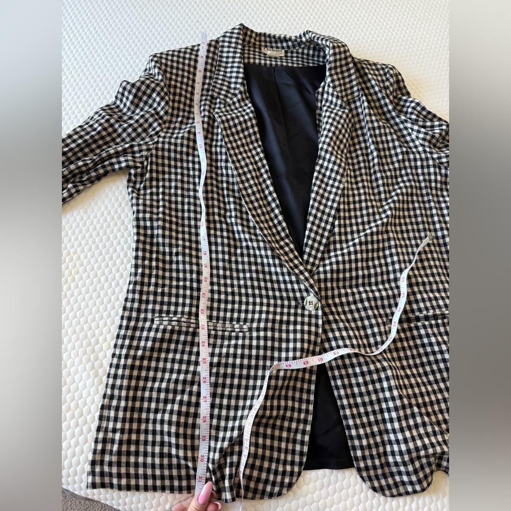 VINTAGE retro indie tan black gingham linen blend lightweight blazer jacket - Picture 6 of 6